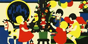 Art deco style children playing round an Xmas tree