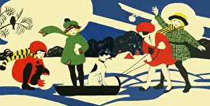 Art deco style children in the snow