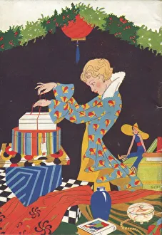 Art deco style illustration showing a lady wrapping a variety of colourful Christmas Art deco style illustration showing a lady wrapping a variety of colourful Christmas