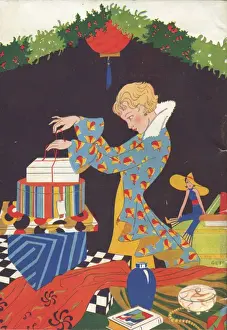 Giving Prints: Art deco style illustration showing a lady wrapping a variety of colourful Christmas