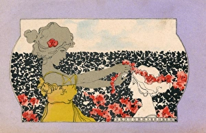 Adorning Gallery: Art Nouveau Girl adorns a marble bust with flowers