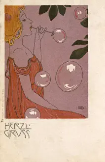 Blow Prints: Art Nouveau - pretty girl blowing bubbles