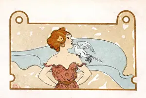Kirchner Prints: Art Nouveau - pretty girl kissing a white dove