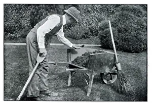 Gardening Prints: Arthur Trower gardening, with robin on wheelbarrow