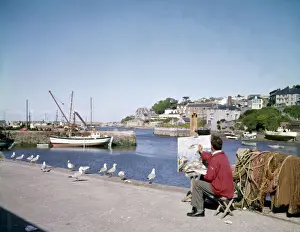 Masts Prints: Artist at work on a canvas, Brixham Harbour, Devon