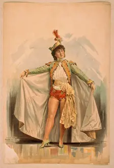 Asian woman in shorts, cape, and feathered hat