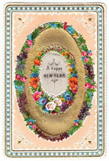 Ovals Prints: Assorted flowers on a New Year card