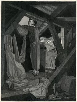 Junk Collection: Astronomer looking at the sky from an attic room
