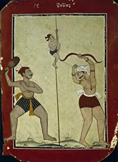 Mughal Collection: Three athletes into action. School of Bilaspur