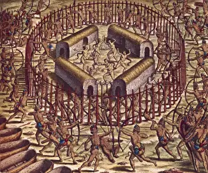 Historique Prints: Attack on a village by Tuppinjkinsij Indian clan