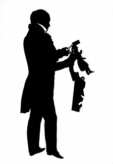 Edouart Gallery: Auguste Edouart cutting silhouette of Liston the actor