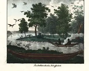 Australian aborigines paddling a canoe, others