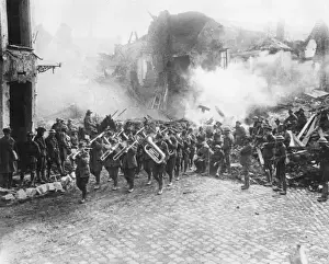 Trombone Prints: Australian band playing a march, Bapaume, France, WW1