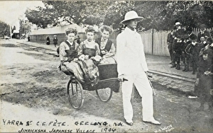 An Australian Church Fete at Yarra, Geelong - 41 miles from Melbourne. The three women being transported by rickshaw are all wearing Japanese kimonos. It is captioned Jinricksha, Japanese Village Australian Church Fete - Dressing as Japanese