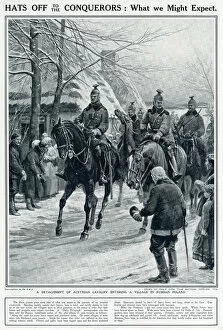 Images Dated 10th February 2016: Austrian cavalry entering village in Russian Poland 1915