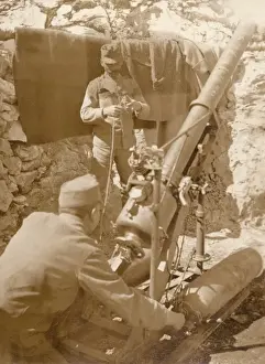 Mortar Prints: Austrian gunners operating 12cm trench mortar, WW1