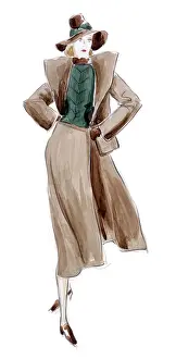 Collared Prints: The Autumn look. City day wear set consisting of wing-type collared coat with matching skirt and hat