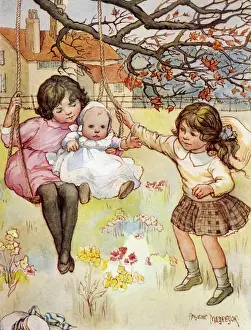 Macgregor Prints: Autumn scene. Young girls on a garden swing