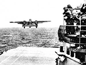 Raid Gallery: B-25 Mitchell Bomber taking off from Hornet; Second World
