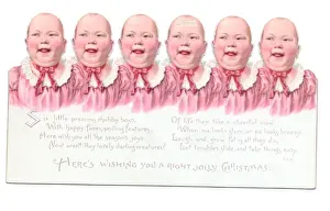 Frill Prints: Six babies in pink on a cutout Christmas card