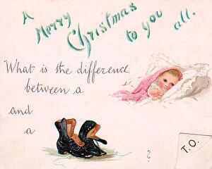 Images Dated 3rd July 2018: Baby and boots puzzle on a Christmas card