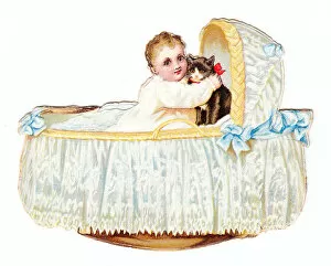 Images Dated 9th December 2015: Baby and cat in a cradle on a cutout greetings card