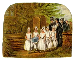 Headstone Prints: Baby's funeral coffin carried by young girls in white