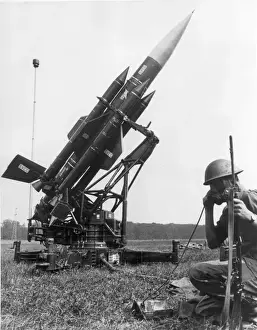 1970 Prints: BAC Thunderbird ground-to-air missile ready for launch