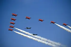 Spitfires Prints: BAe Systems Hawks RAF Red Arrows flypast with Spitfires