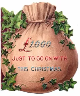 Victorian and Edwardian Christmas Cards Gallery: Bag full of money on a cutout Christmas card