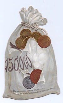 Bursting Gallery: Bag full of money on a German cutout Christmas card