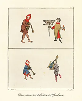 Manuscript Prints: Bagpipe players, falconer with hood and glove, and man with port