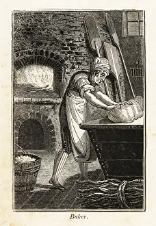 Workplace Prints: Baker in apron and hat kneading dough in a kitchen