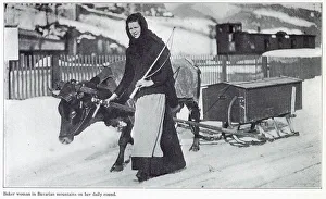 Snowing Prints: Baker woman in Bavarian mountains on her daily round. Date: 1908