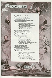 Illustrated poem telling the story of The Graphic magazine, launched in 1869 by William Luson Thomas. The poem was written by the editor, J. M. Bulloch and illustrated by H. Nelson with key figures and events in the magazine's fifty year history (this appeared in the magazine's 50th anniversary Christmas number - it would actually run until 1933). See picture number 11936735 for the other page and the first half of the poem. Date: 1919 The Ballad of the Graphic