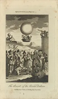 Fanciful Prints: Balloon ascending with animal passengers