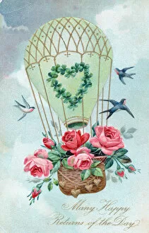 Balloon with birds and flowers on a birthday postcard