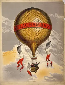 Balloon labeled H. Lachambre, with two men riding in the bas