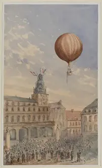 Ascending Prints: Balloon with two passengers ascending over a town square, wi