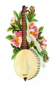 Strings Collection: Banjo with pink flowers on a Victorian scrap