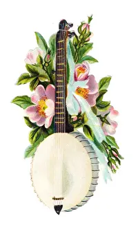 Banjo with pink flowers on a Victorian scrap