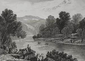 Aubert Prints: Banks of the Jordan River. Engraving by Aubert, 19th century