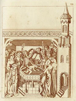 Baptism of Richard Beauchamp (1382-1439), Earl of Warwick. His godfathers were King Richard II and Richard Scrope, Bishop of Lichfield and later Archbishop of York. Date: 1382