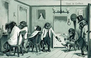 Chez Prints: At the Barber - hirsute monkeys popping in for a trim