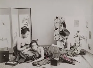 Geisha Prints: Bare-breasted tea house girls, geishas, relaxing, Japan