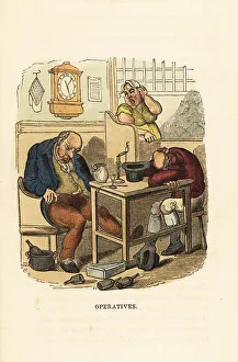 Drunkard Prints: A barmaid in a tavern calls time on two sleeping drunks
