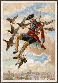 Baron Munchausen is towed through the air by ducks