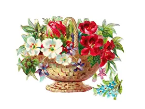 Basket of assorted flowers on a Victorian scrap