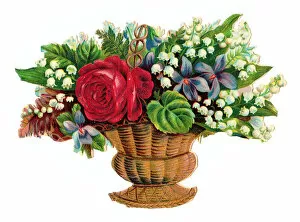 Images Dated 13th November 2015: Basket of assorted flowers on a Victorian scrap