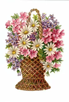 Images Dated 13th November 2015: Basket of assorted flowers on a Victorian scrap